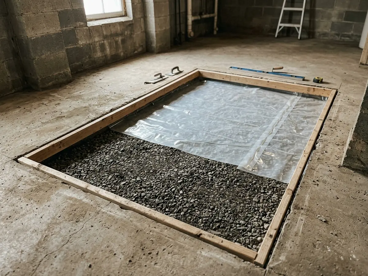 Basement floor section broken out to a clean gravel base with plastic vapor retarder laid and ready for new concrete