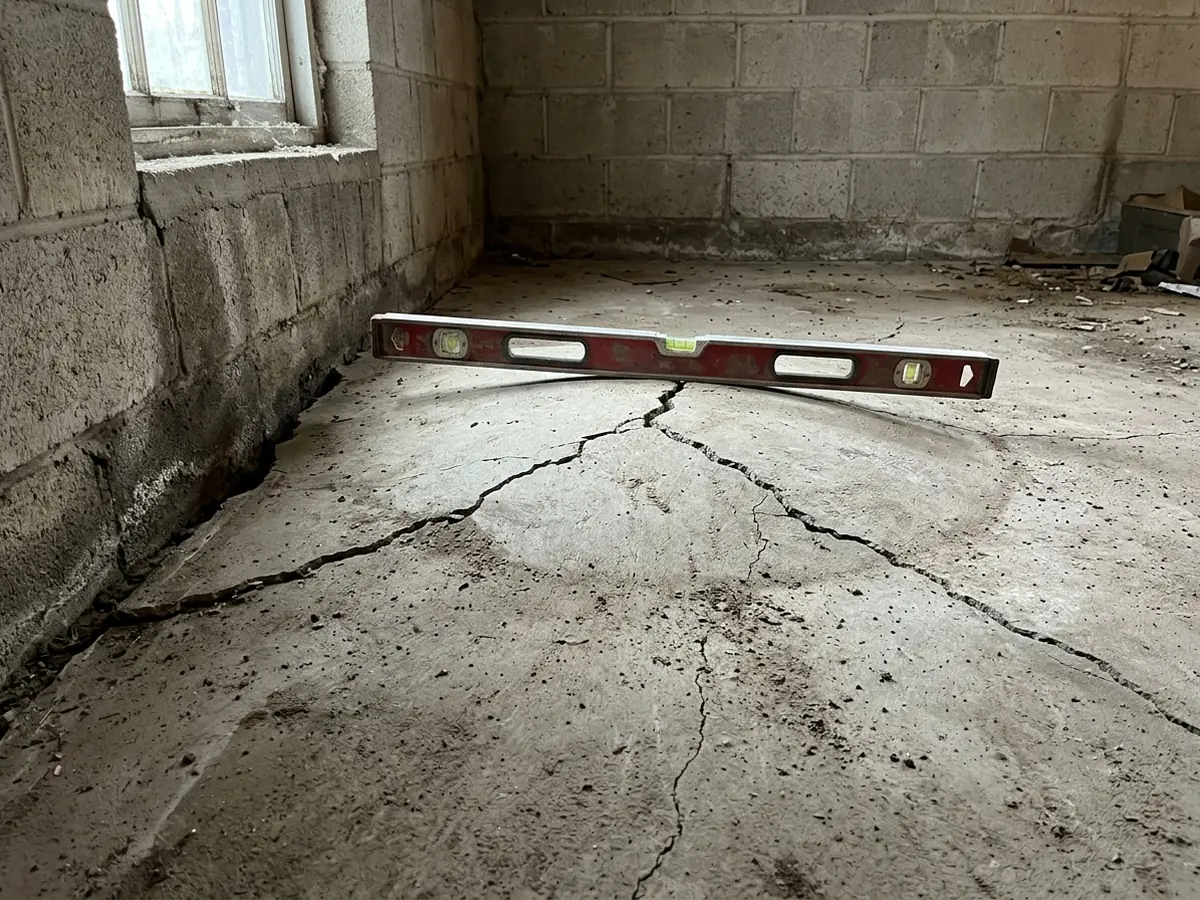 Basement concrete floor slab domed up in the middle with radiating cracks and a lifted edge near a wall