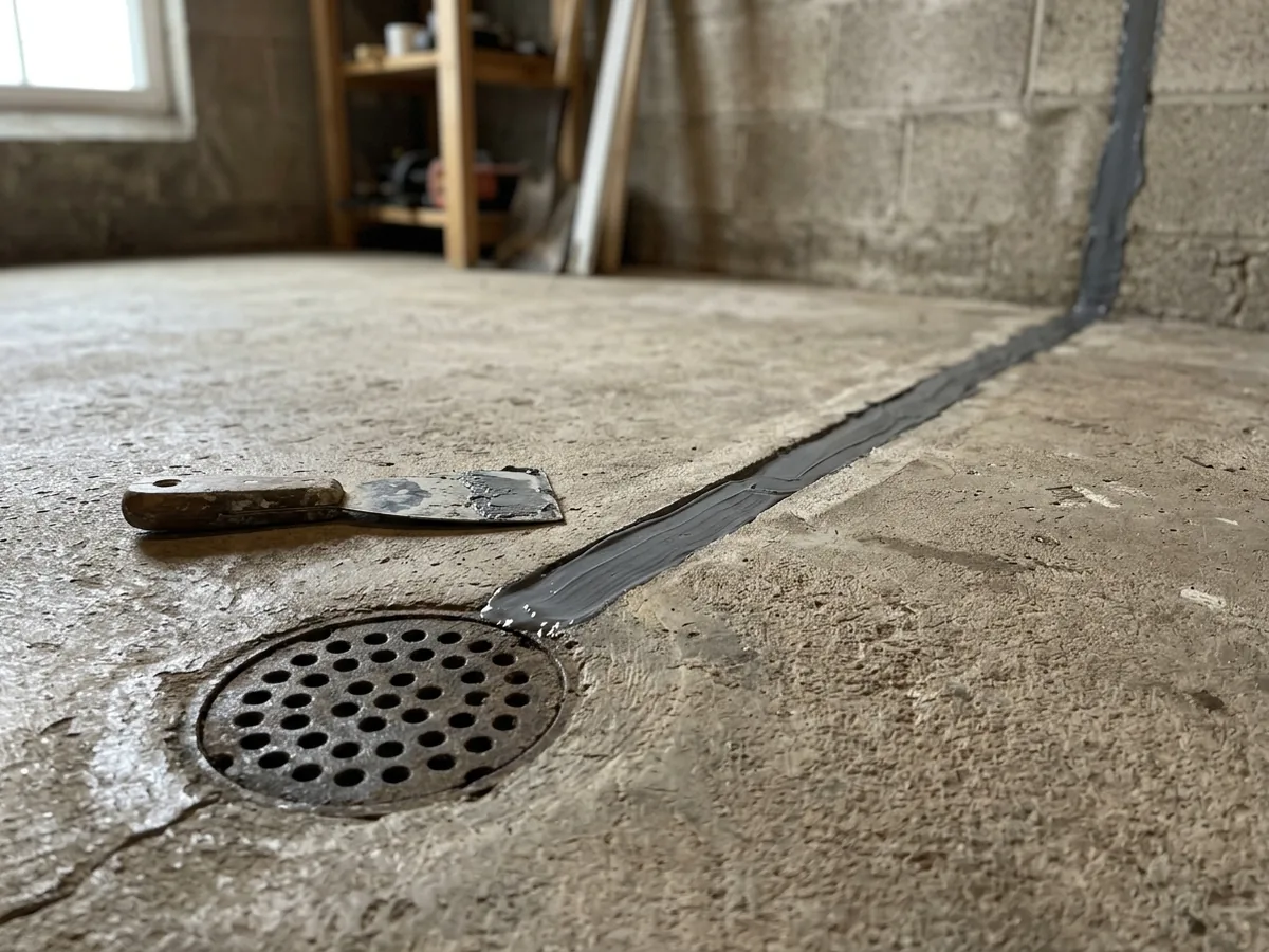 Routed crack in a basement concrete floor filled with gray flexible sealant beside a floor drain