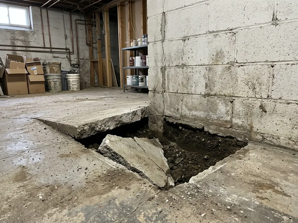 Sunken section of basement floor slab pulled away from a block wall, with a gap and a cracked corner