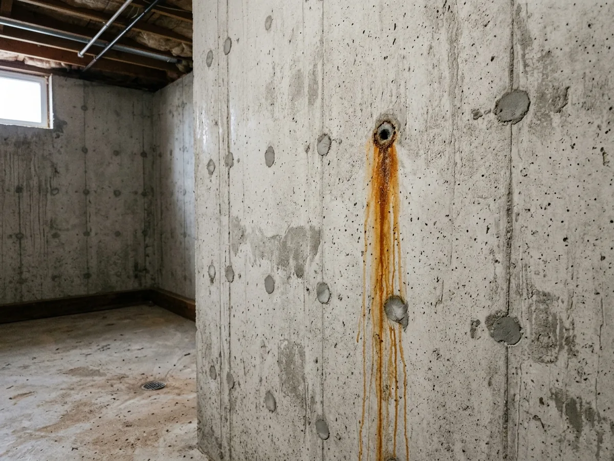 Row of small round form-tie holes on a poured concrete basement wall, one with a rust-colored water stain running down