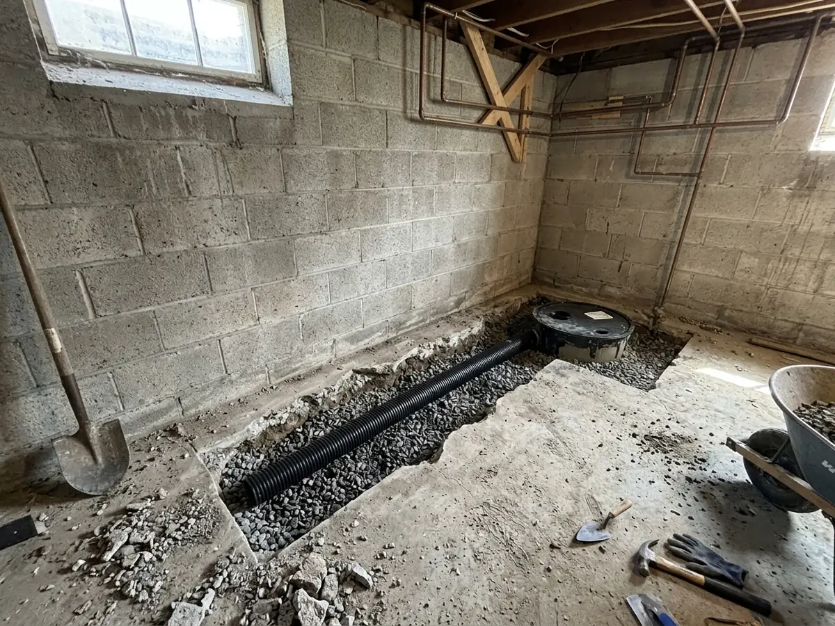 Floor cut open along one basement wall, perforated pipe in washed gravel in the trench, a new sump basin in the corner