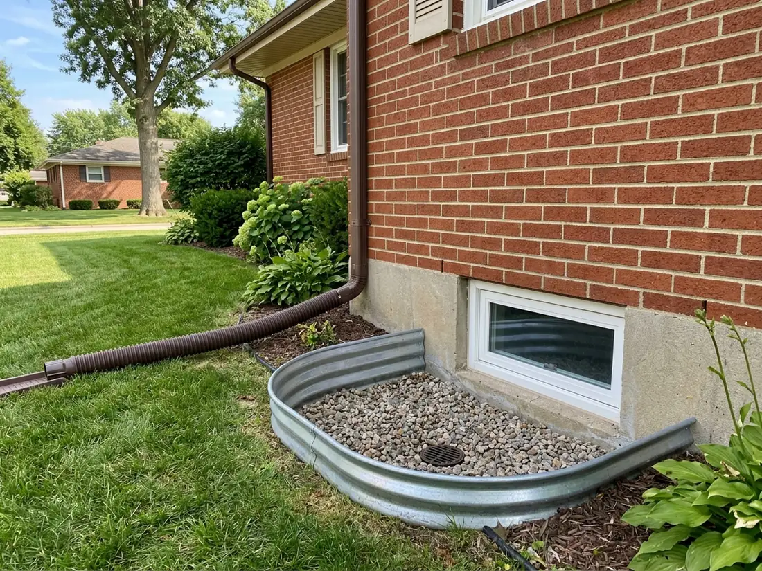 Basement window well with a gravel bottom and drain, a hopper window above and a downspout extension leading away