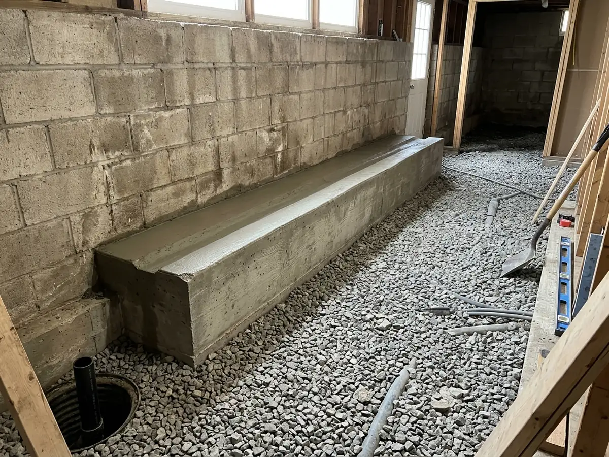 Concrete bench ledge running along the base of a basement wall above a newly lowered floor, a drainage channel along its top
