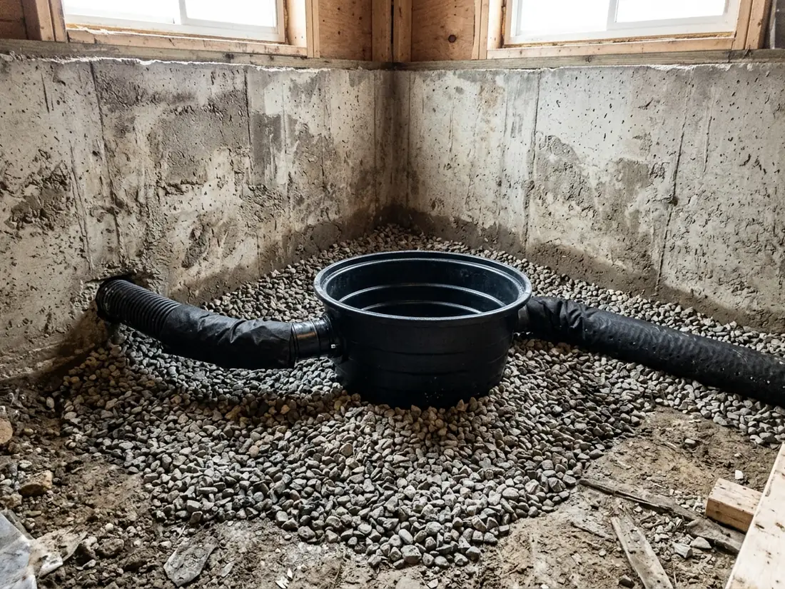 New sump basin set in gravel at the low corner of a lowered basement, perforated drain tile entering from both walls