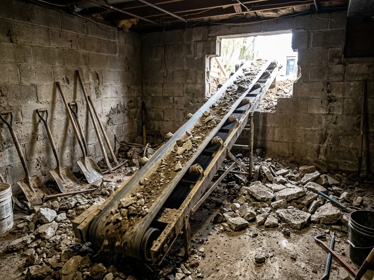 Basement floor broken out, soil being dug down and loaded onto a belt conveyor running out through a wall opening