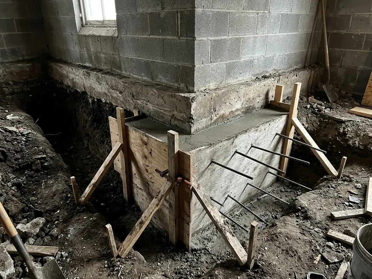 Short section of new concrete footing poured beneath an old footing under a block wall, with formwork and rebar ends