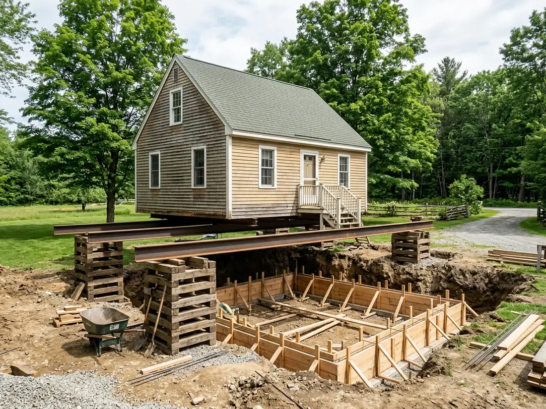 Small colonial house raised on steel beams and timber cribbing above an excavated basement with new footing forms