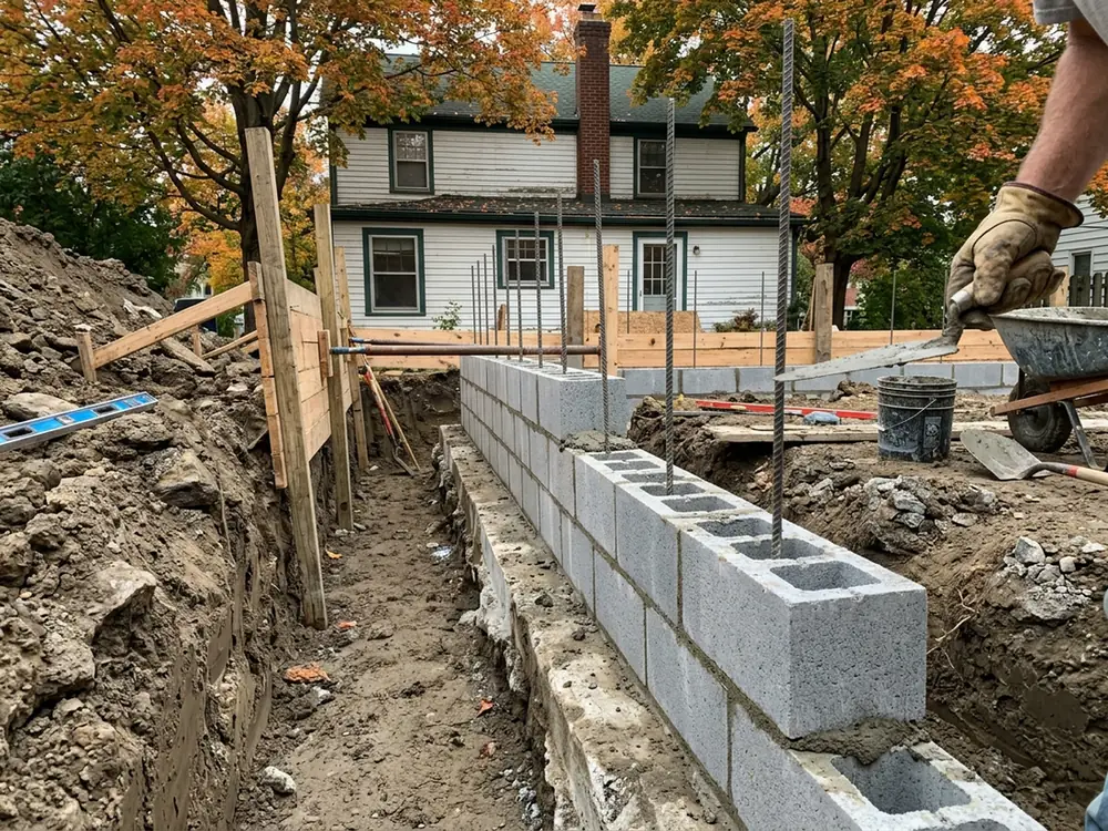 New concrete block courses laid on an exposed footing in an open trench, rebar standing in the grouted cores