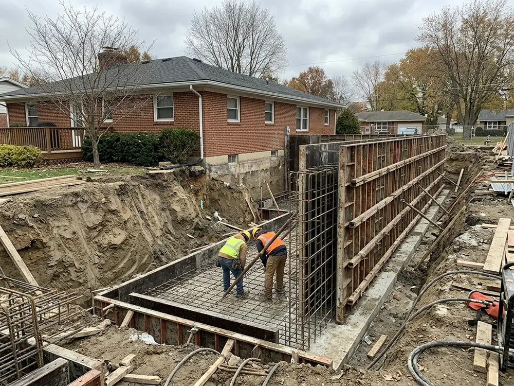 Steel forms with rebar mats set on a footing in a deep trench beside a brick ranch house, ready for a concrete pour