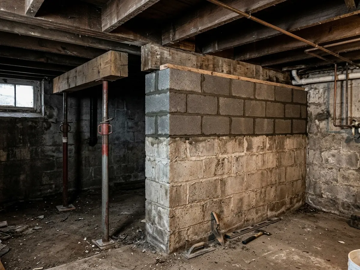 Top three courses of a block foundation wall removed and relaid under a wood sill plate, lower courses left in place