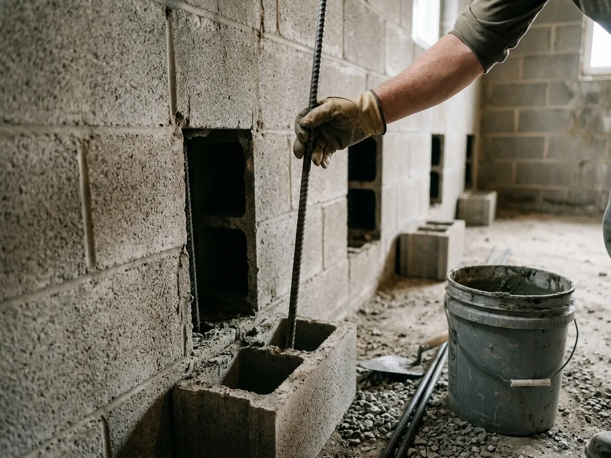 Steel rebar being lowered into an opened cell of a concrete block wall before grout is poured