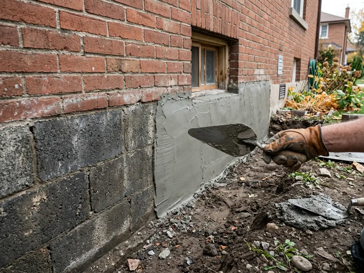 Mason troweling a gray cement parge coat onto the exterior face of a block foundation above a dug-out trench