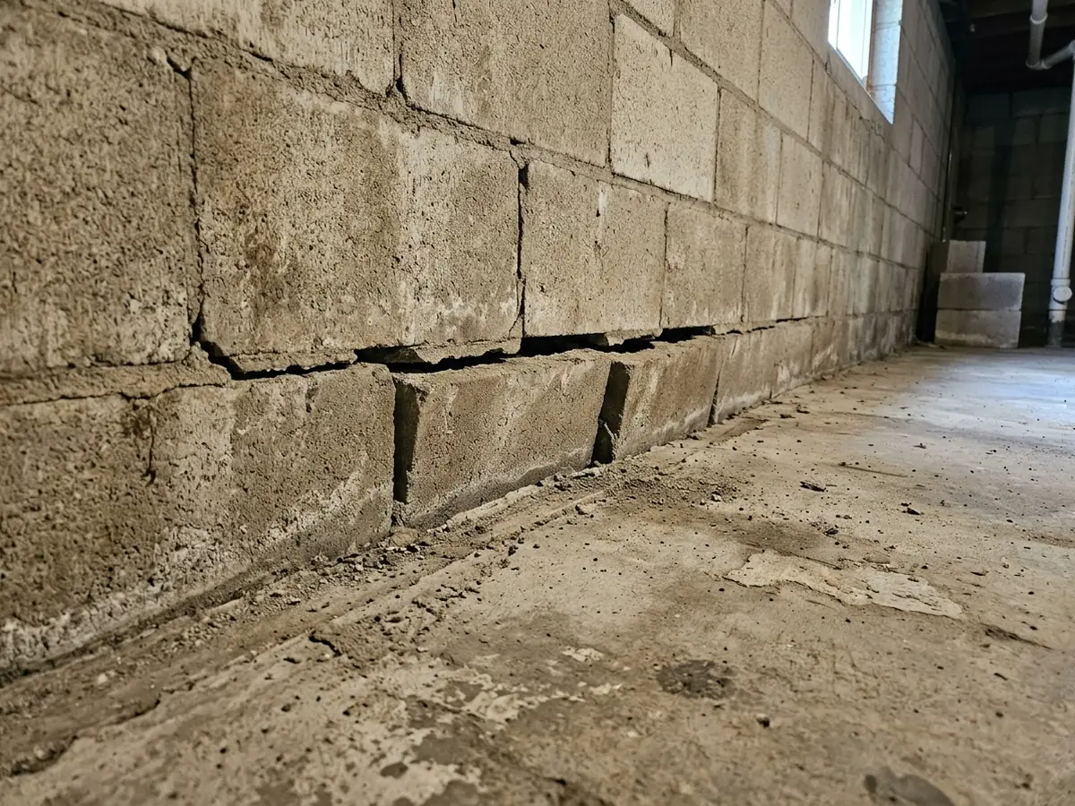Bottom course of a block basement wall pushed inward past the edge of the footing, with a horizontal joint crack above