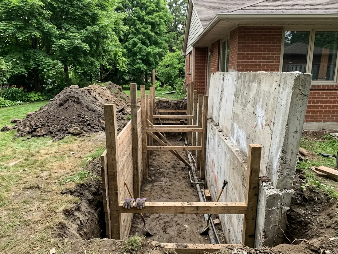 Excavated trench outside a leaning poured concrete basement wall with hydraulic jacks pushing it back toward plumb