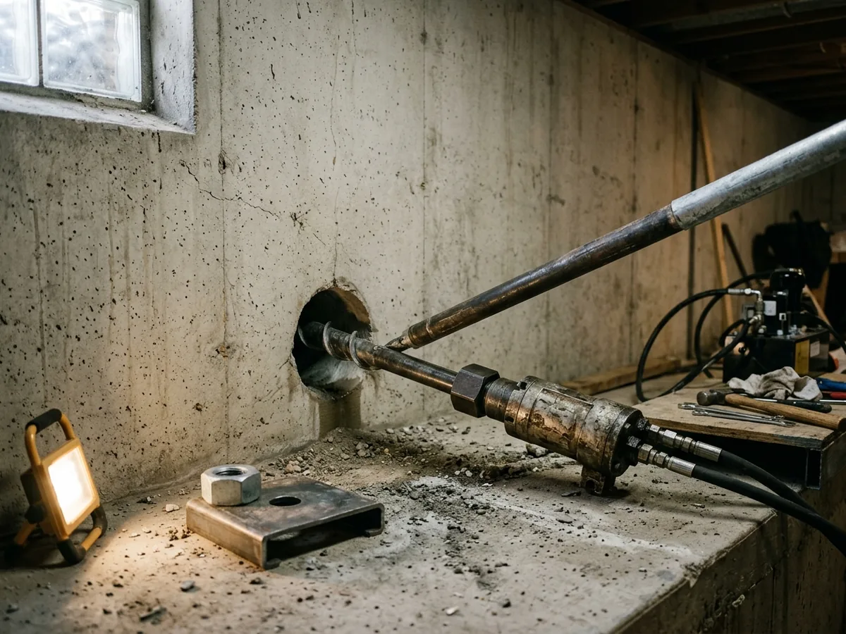 Helical tieback shaft angled down through a cored hole in a basement wall, with a steel wall channel and nut beside it