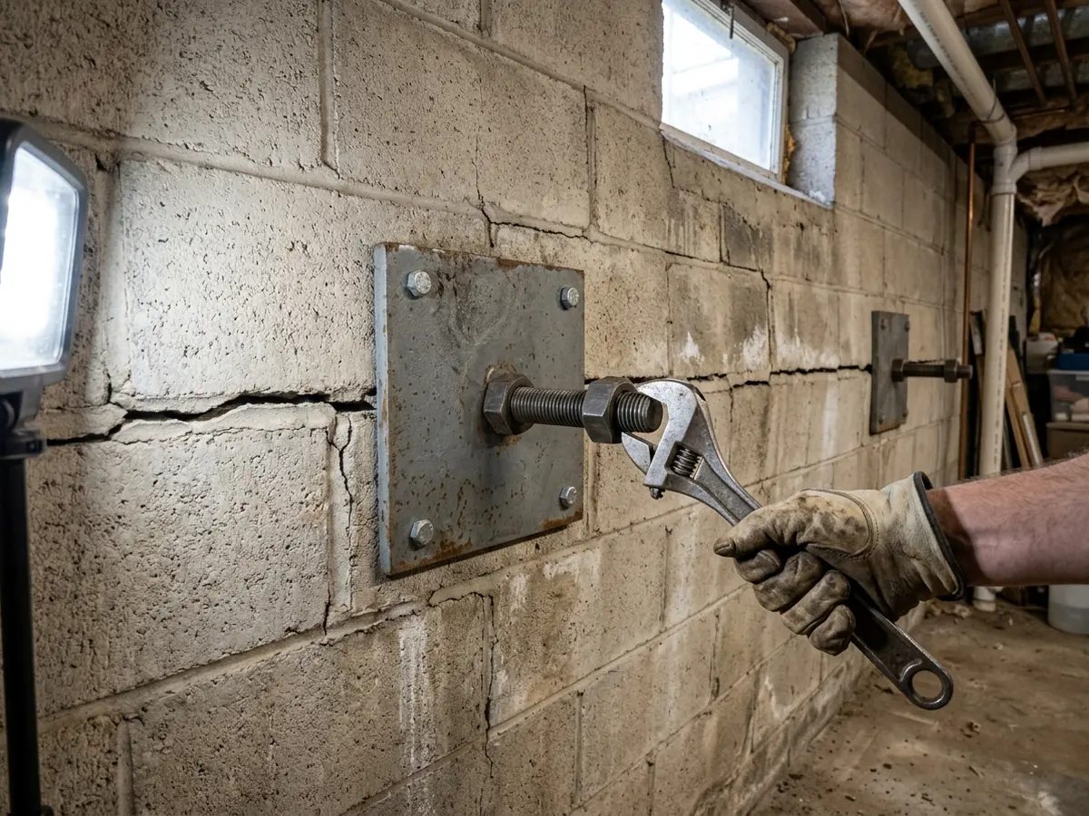 Steel wall anchor plate and threaded rod nut on the inside face of a bowed block basement wall, with a horizontal crack