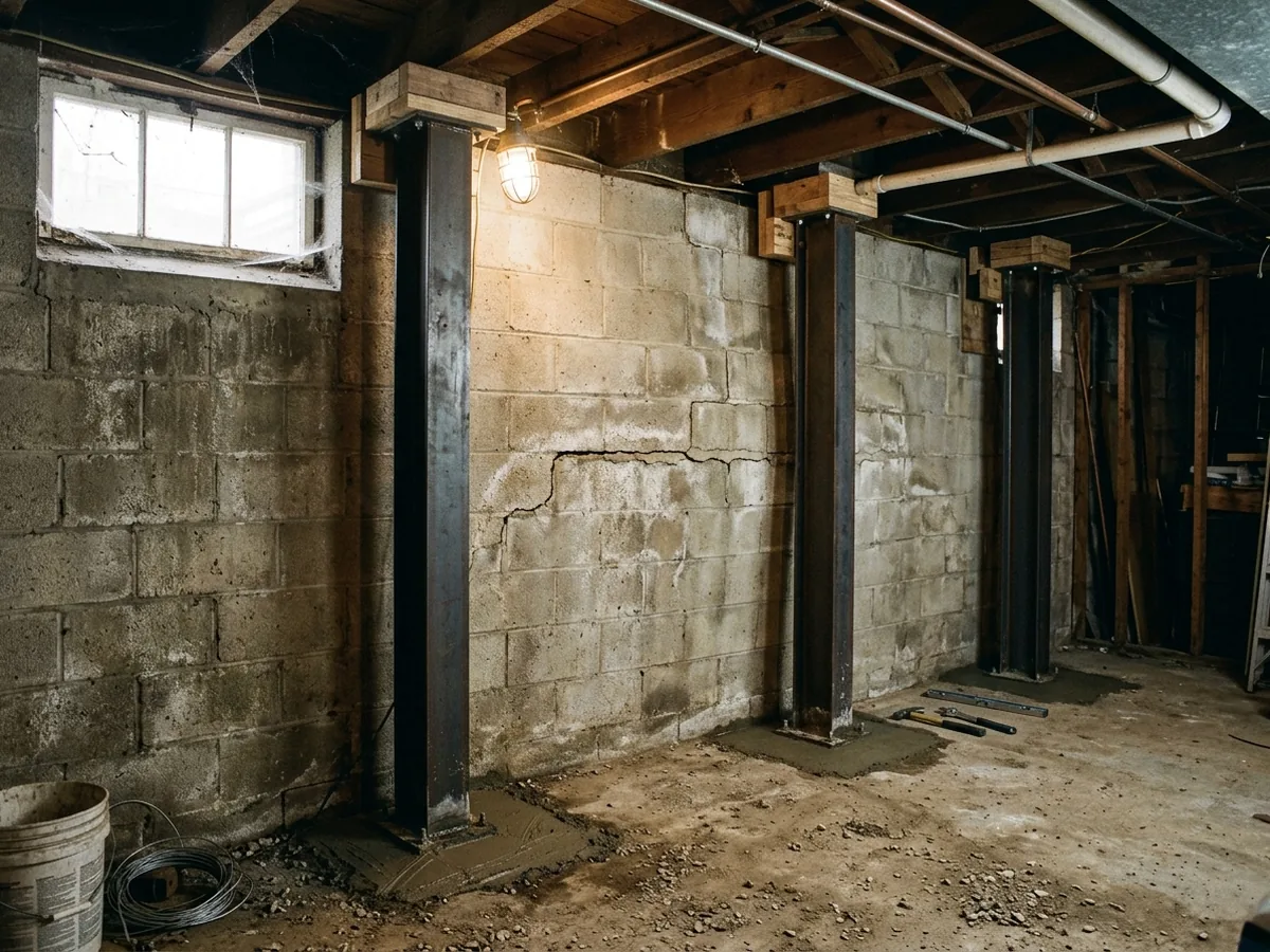 Row of vertical steel I-beams set into the basement floor and bolted to the joists above a bowed concrete block wall