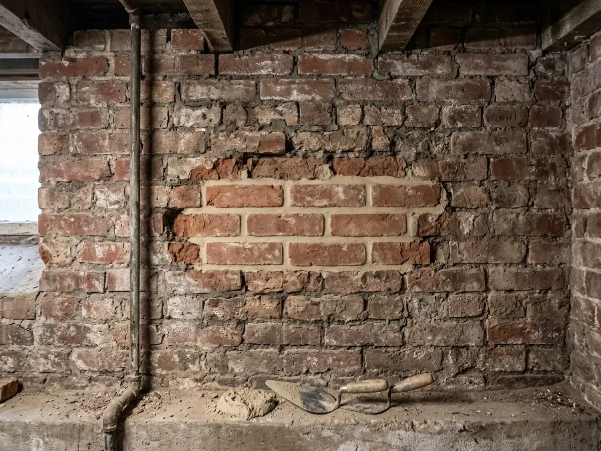 Old red brick basement wall with a few spalled bricks cut out and replaced, joints freshly repointed