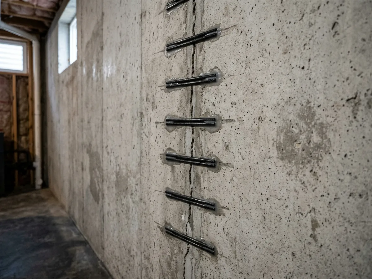 Short carbon fiber stitches set in epoxy-filled slots across a vertical crack in a gray poured concrete wall