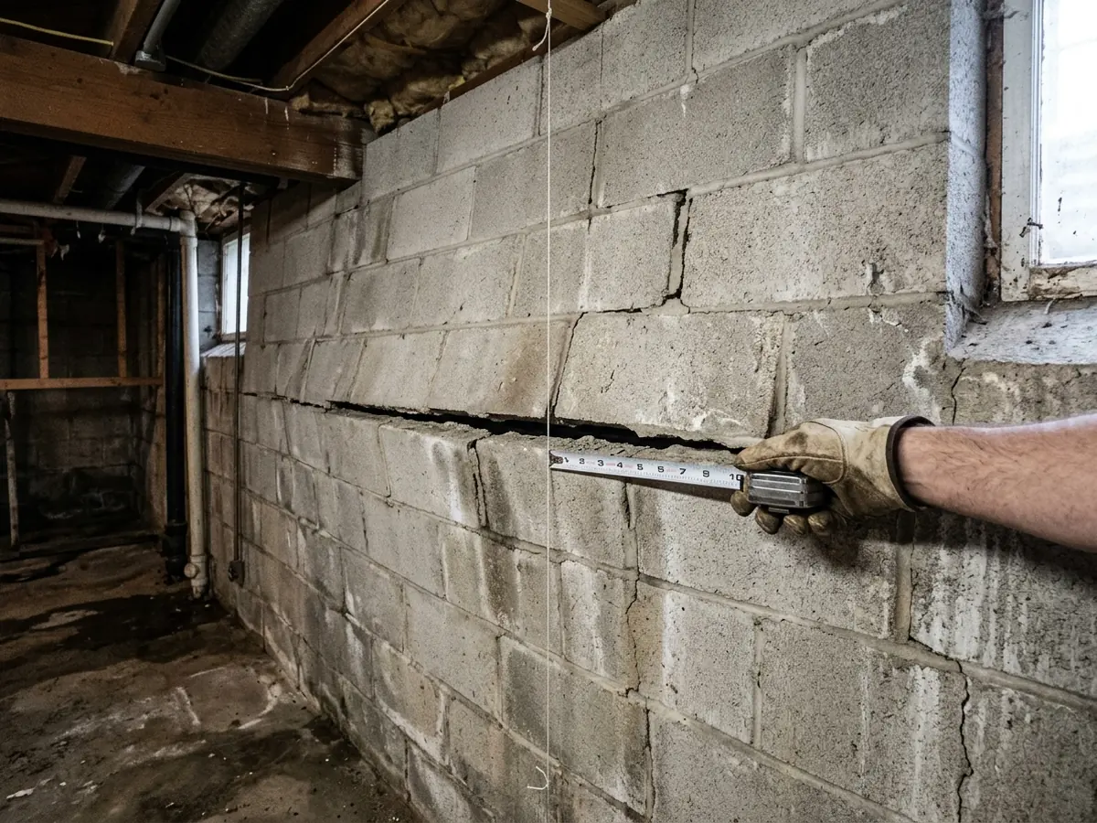 String line stretched along a bowed concrete block wall with a tape measure showing the gap at mid-height