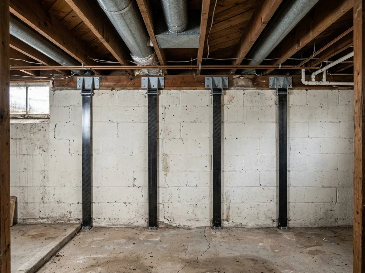 Black carbon fiber straps bonded vertically to a painted concrete block basement wall, each with a steel bracket at the sill