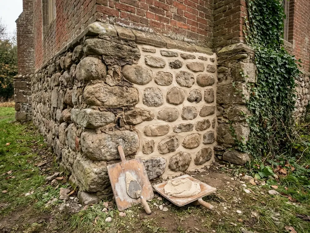 Fieldstone foundation of an old brick church with eroded mortar joints and a section being repointed