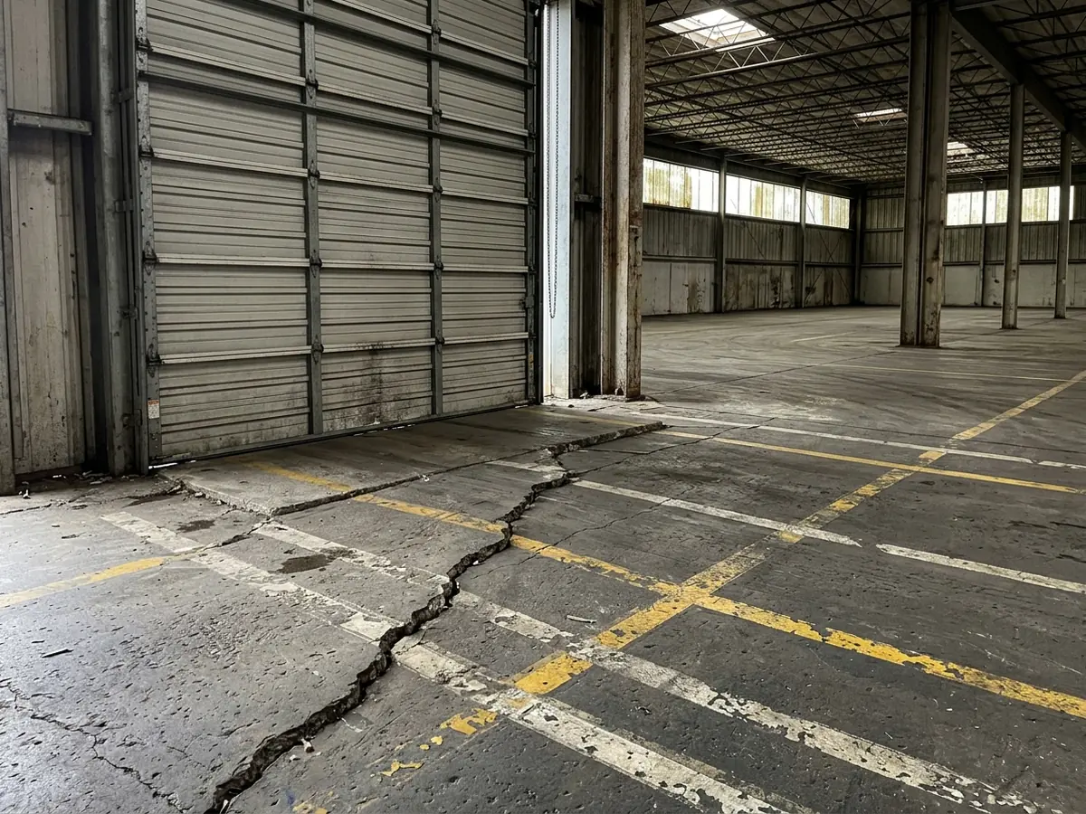 Settled and cracked concrete floor slab in an empty light-industrial unit with a joint stepping down near a loading door