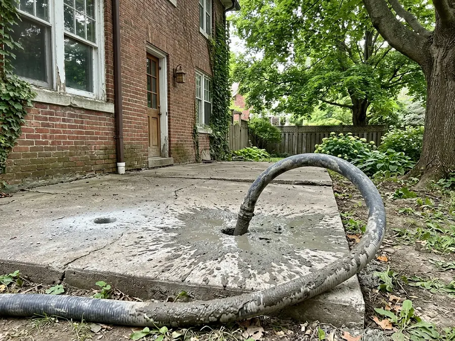 Cement slurry hose connected to a large drilled hole in a sunken concrete patio slab beside a brick house