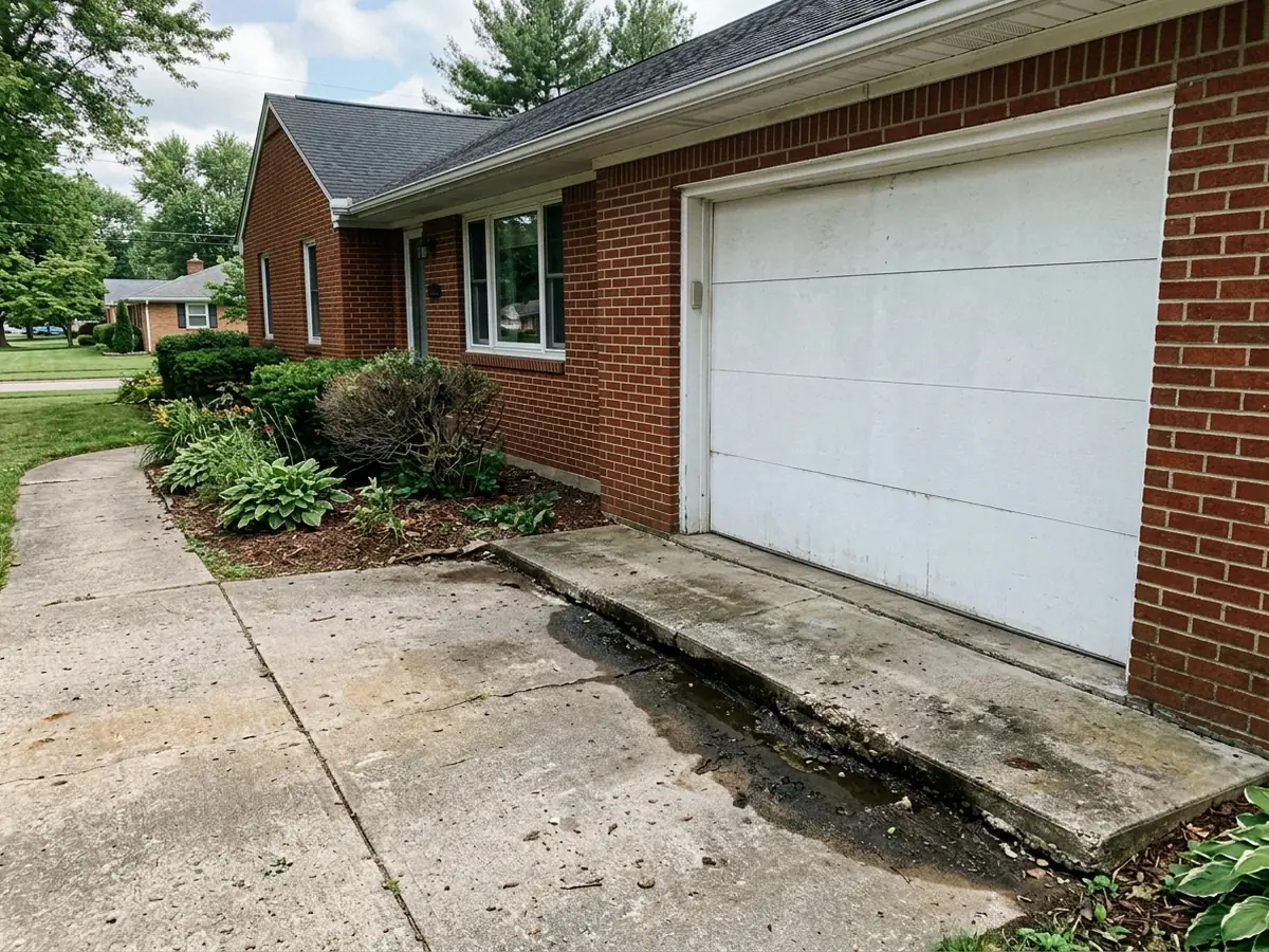 Sunken concrete driveway slab dropped below the garage apron with a trip edge, in front of a brick ranch house