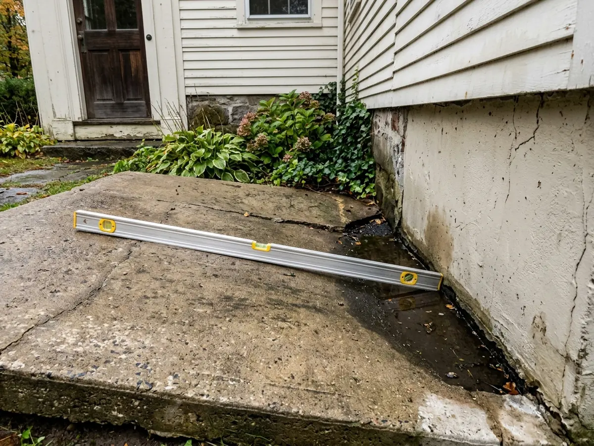 Tilted concrete patio slab sloping back toward a house foundation, with a level resting on it and a gap at the wall