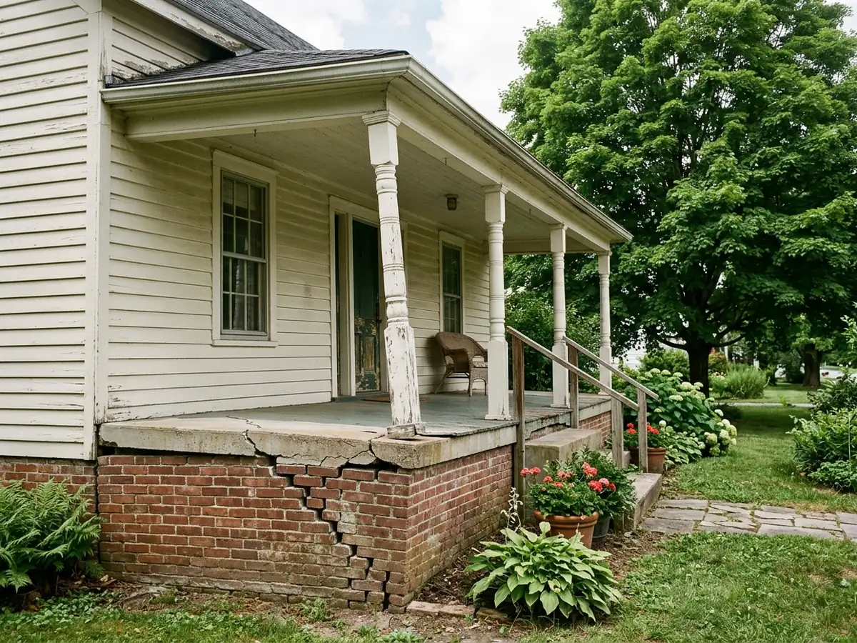 Brick porch foundation wall with a stair-step crack and a corner settling away from the house under a covered porch