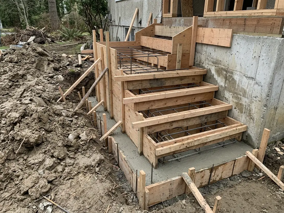 New concrete steps formed with plywood and rebar over excavated footings beside a house foundation