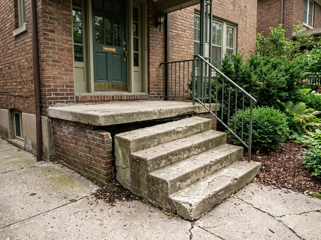 Concrete front stoop that has dropped and tilted away from a brick house, leaving a gap at the foundation wall