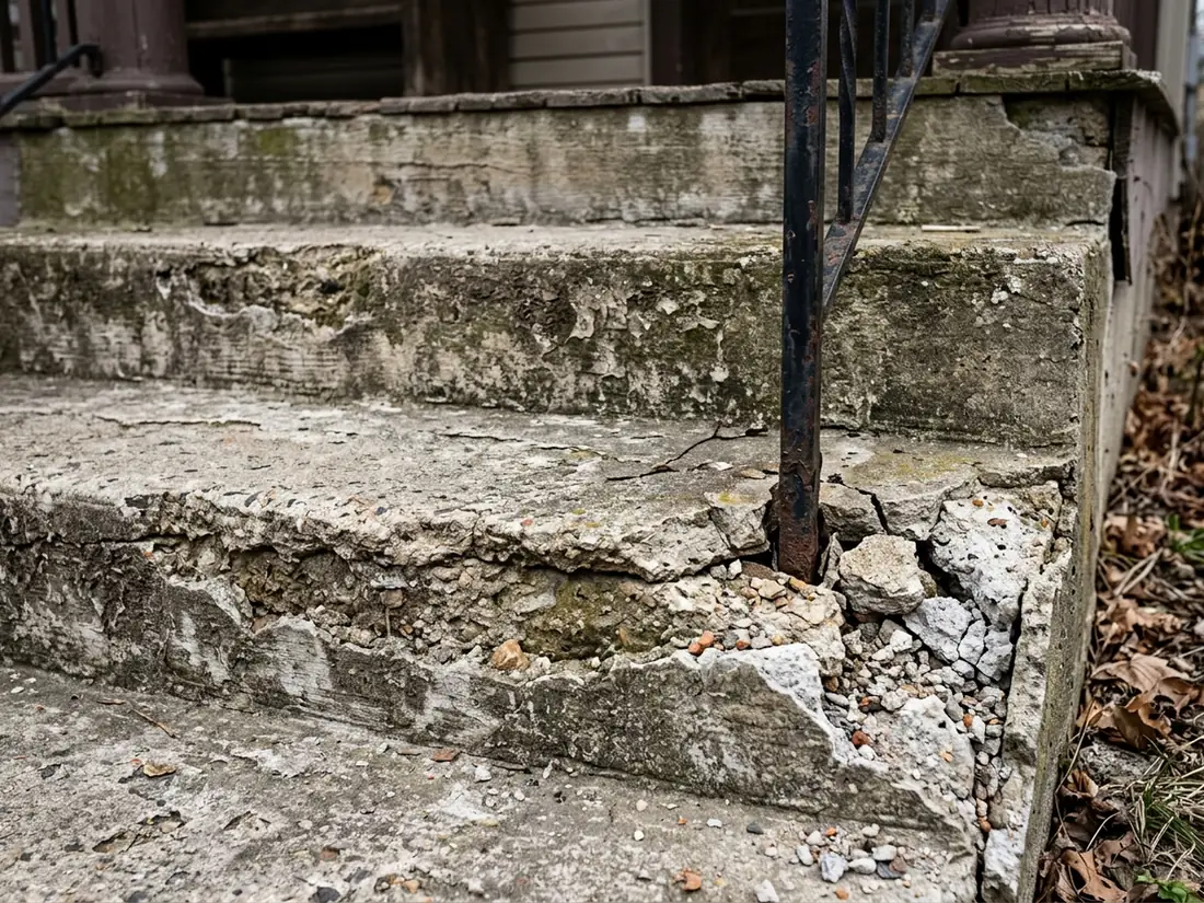 Concrete front steps with crumbled tread nosings, a broken corner and flaking surface around a loose handrail post