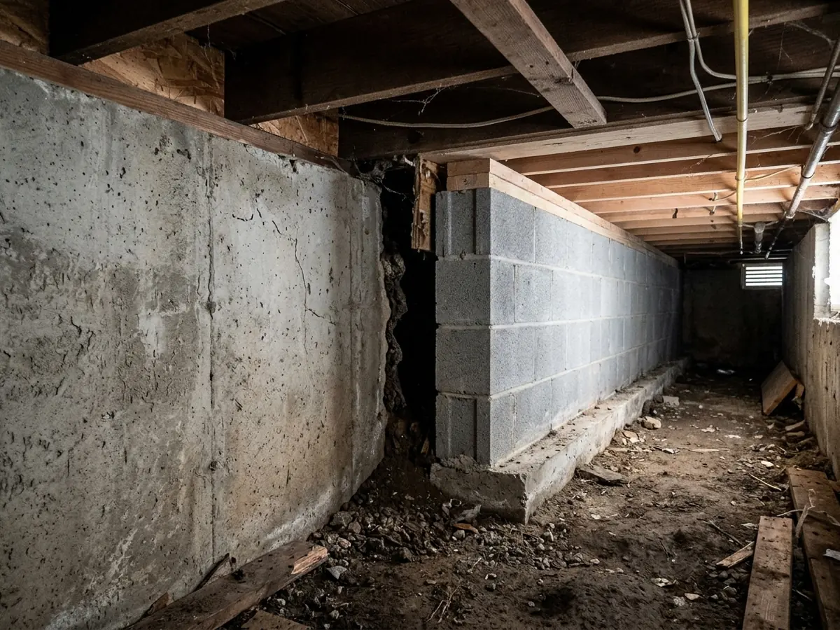 Narrow crawl space under a house addition where its shallow footing has separated from the main basement wall