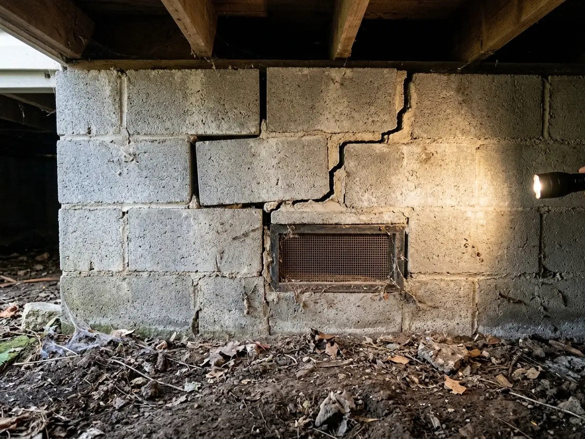 Short concrete block crawl space wall with a stair-step crack and a few loose blocks near a vent opening