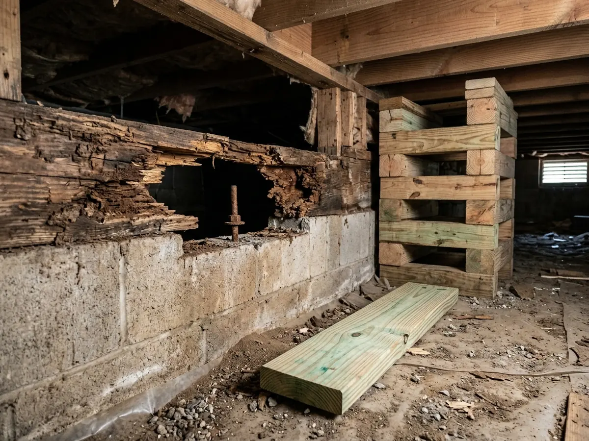 Rotted wood sill plate on top of a block crawl space wall with a section cut out for replacement