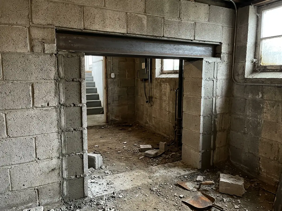 Opening in a concrete block basement wall with grout-filled cores at both jambs and a steel angle lintel across the top