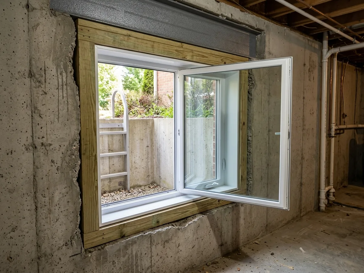 Casement egress window set in a pressure-treated wood buck inside a cut foundation opening, steel lintel visible above