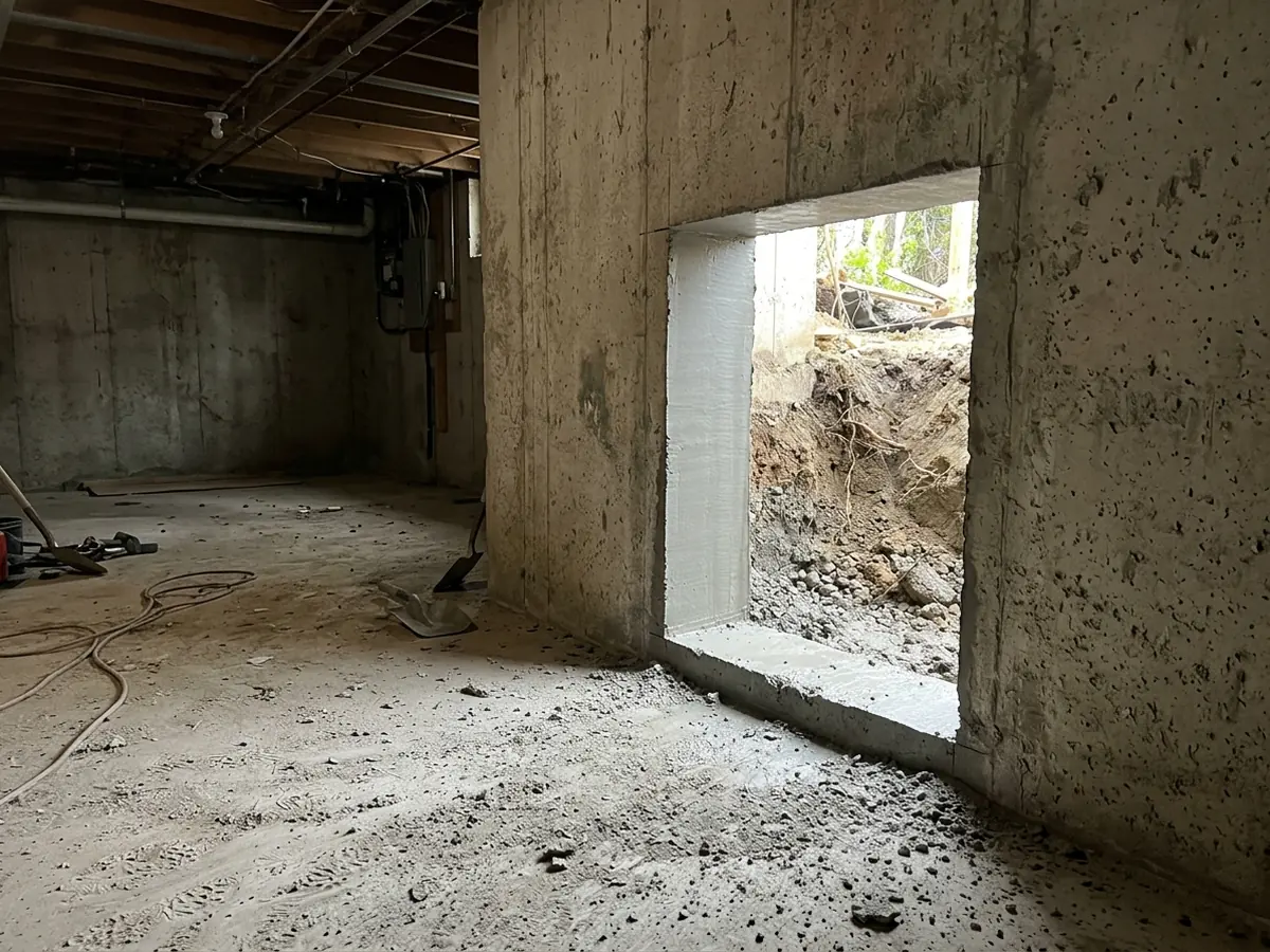 Rectangular opening freshly saw-cut through a poured concrete basement wall, with smooth cut faces