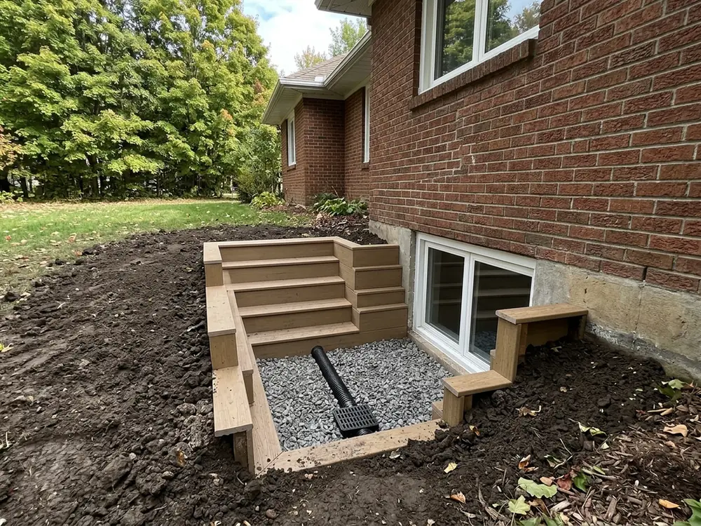 Egress window well with stepped composite sides, a gravel base and a drain pipe at the bottom, beside a brick bungalow