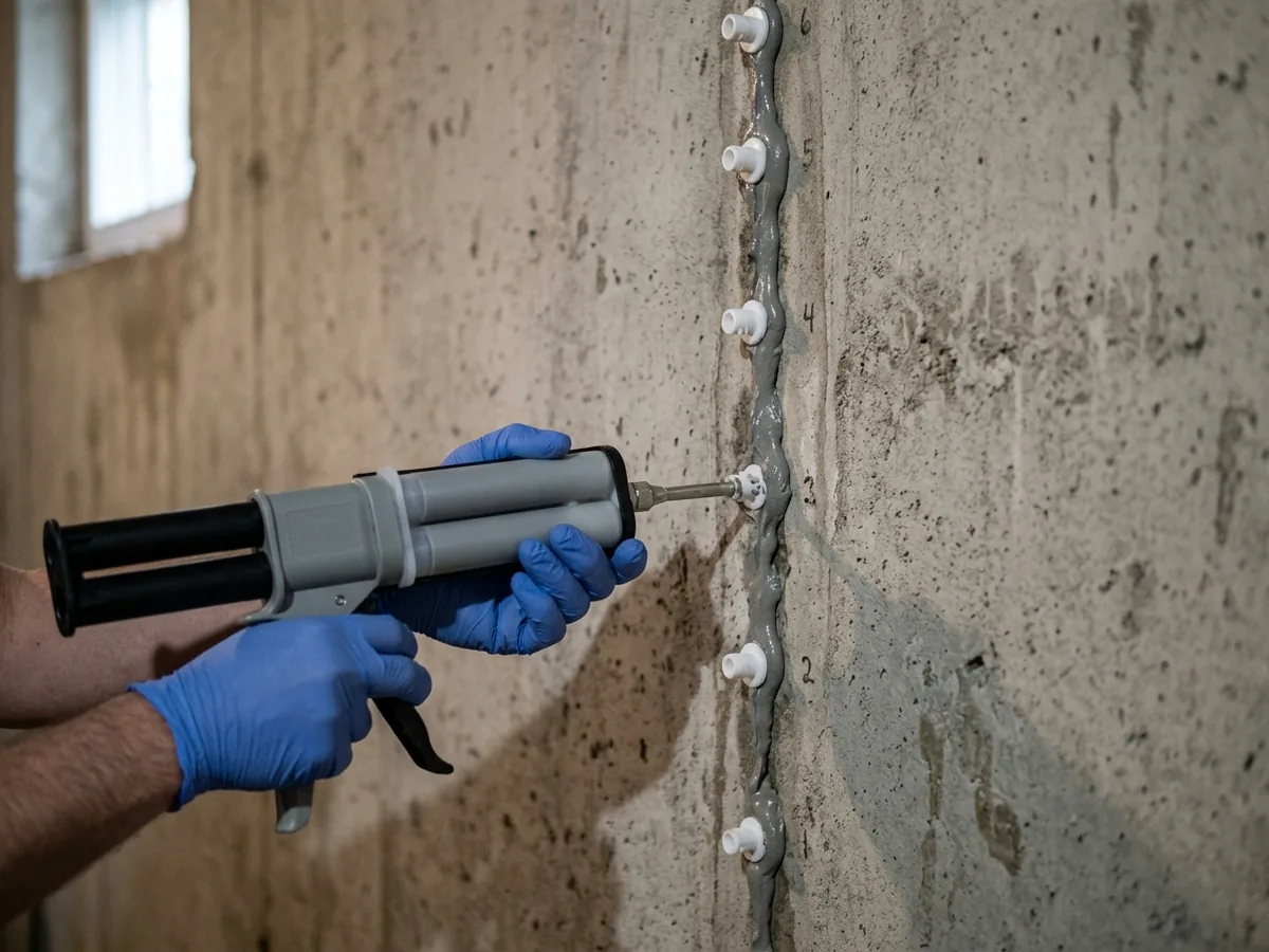 Low-pressure injection ports along a vertical crack in a poured concrete basement wall during crack repair