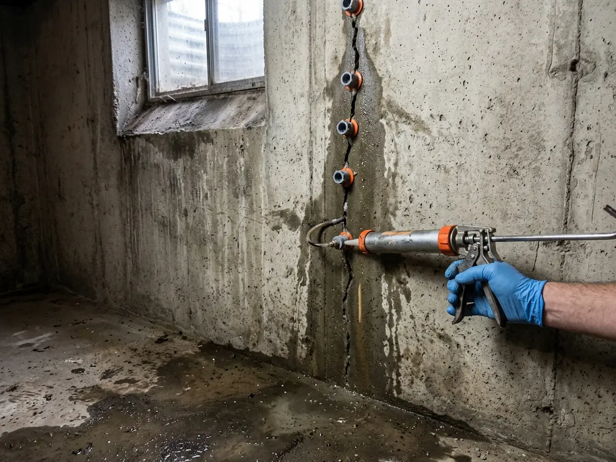 Gloved hand holding an injection gun at a port on a damp vertical crack in a poured basement wall, with water stains below