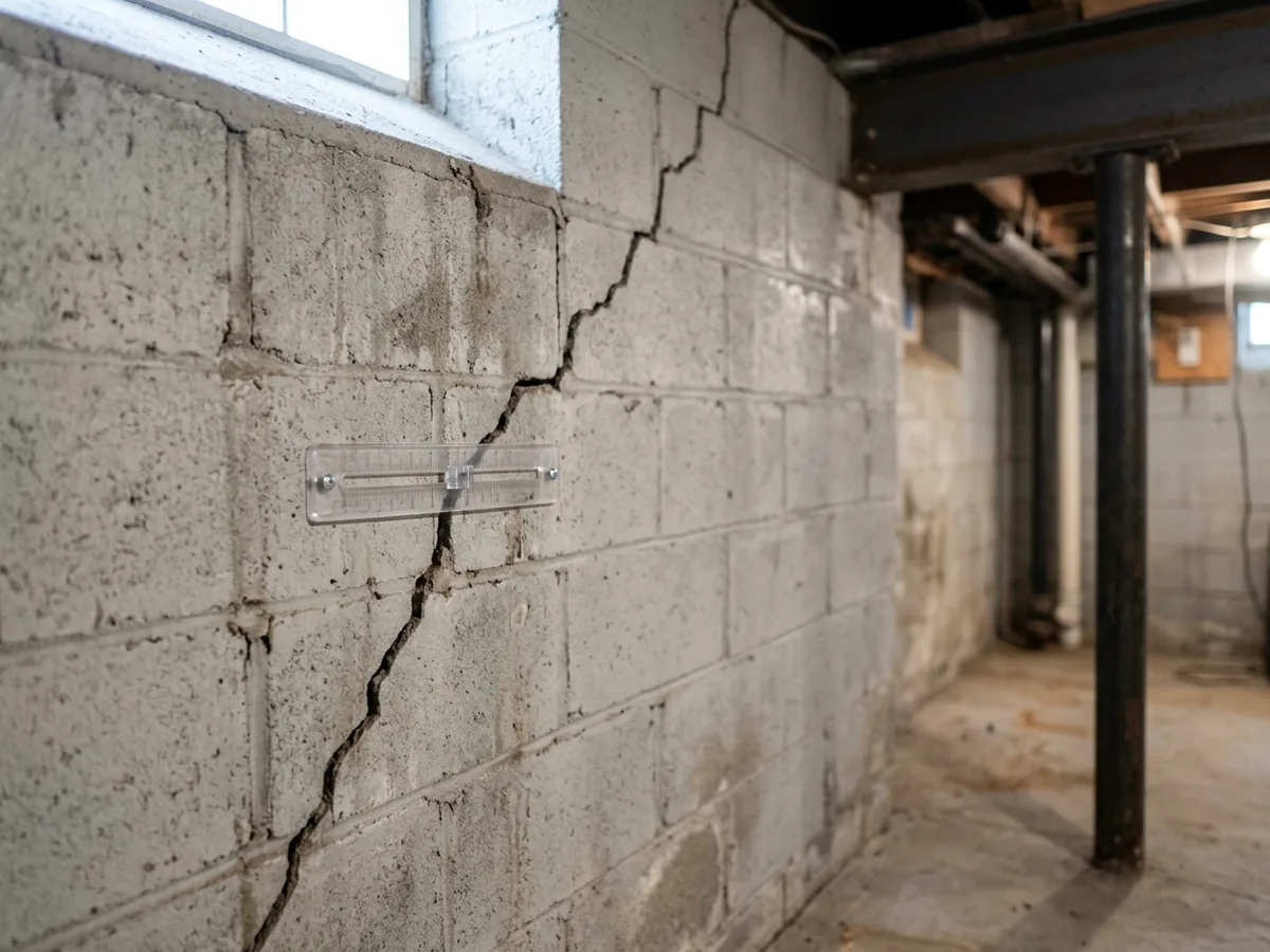 Stair-step crack following the mortar joints of a concrete block basement wall with a crack gauge fixed across it