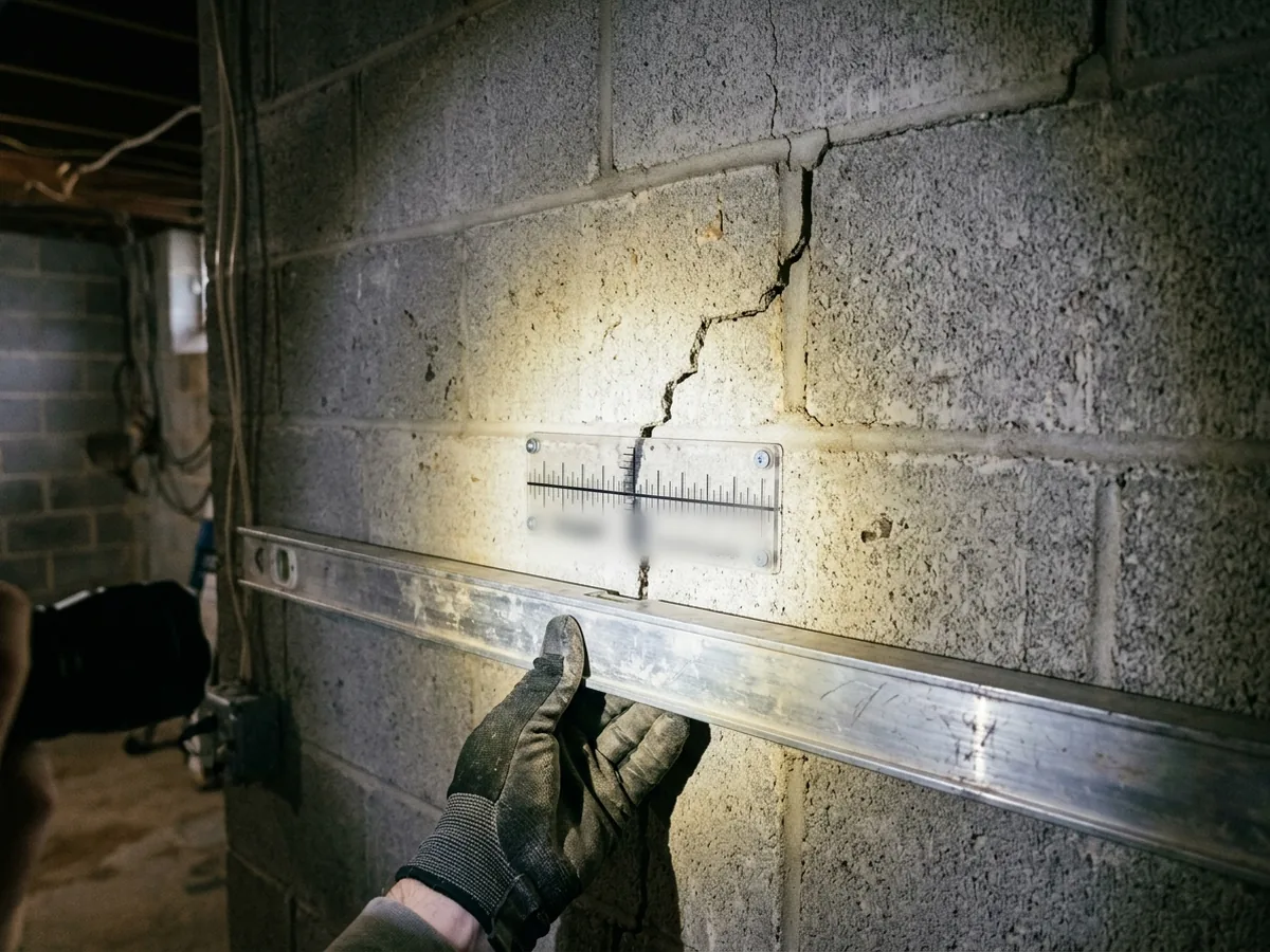 Crack monitoring gauge and a level held against a stair-step crack in a concrete block wall