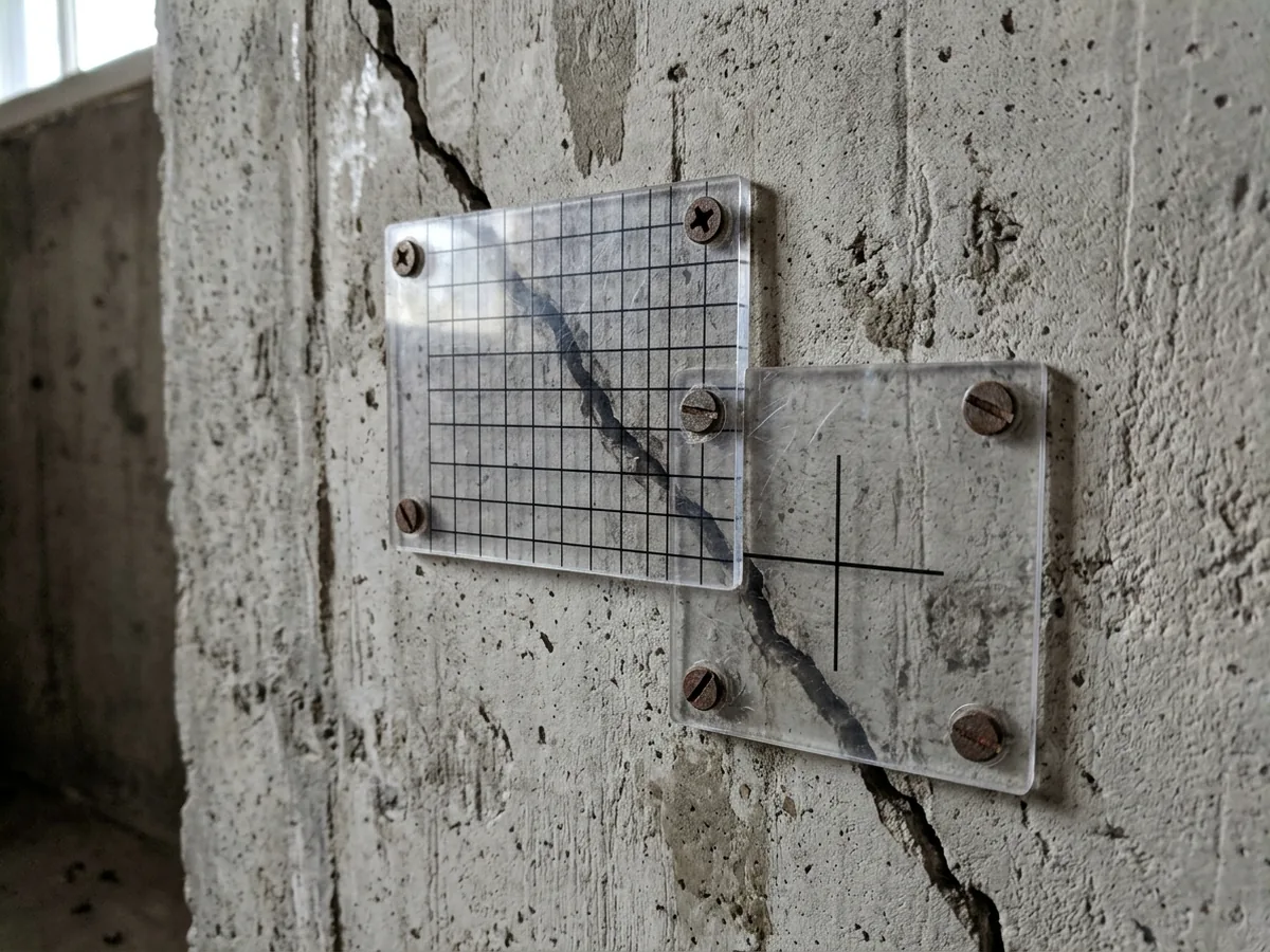 Plastic crack monitor with a sliding grid screwed across a diagonal crack in a poured concrete basement wall