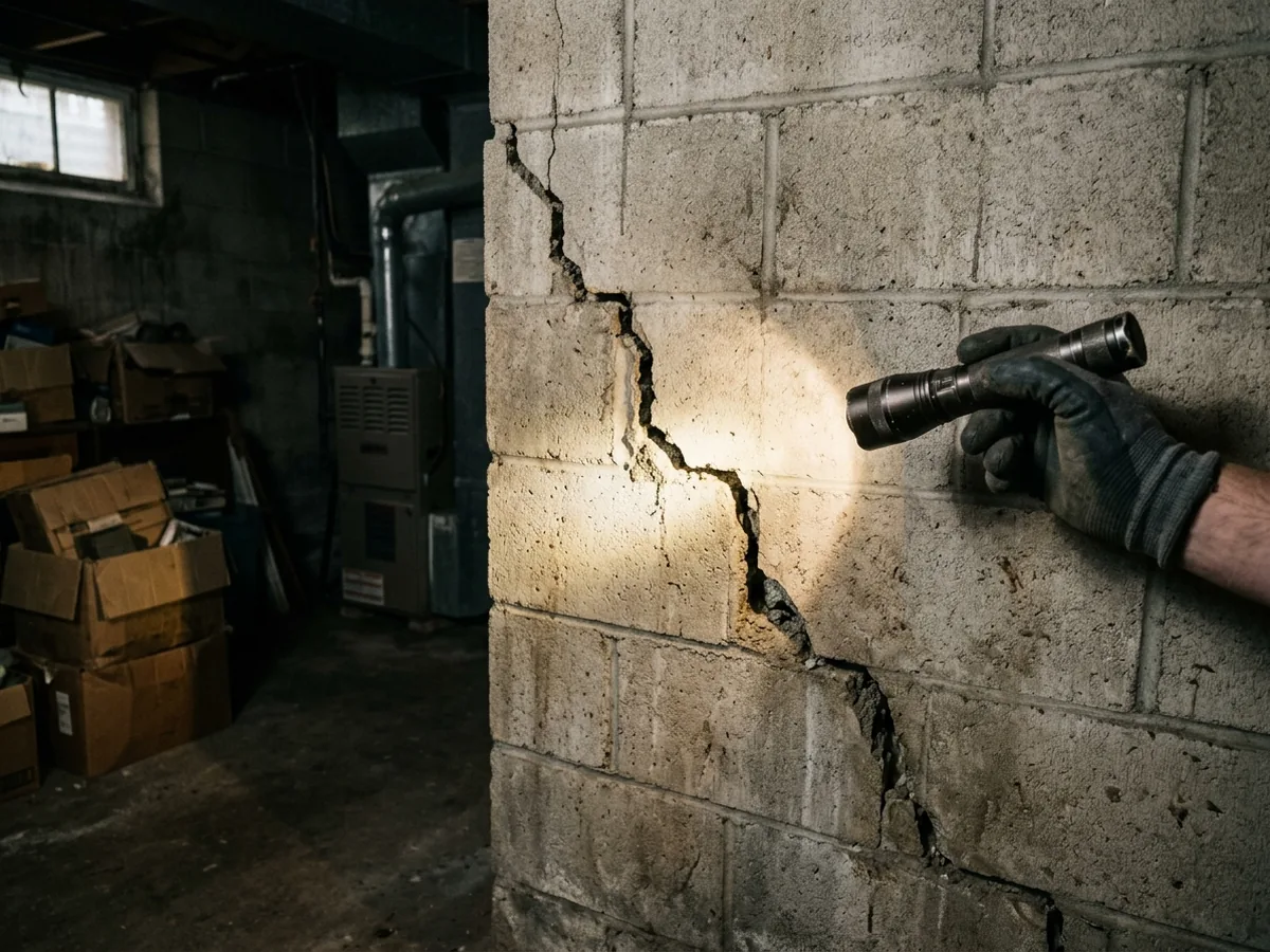 Flashlight beam on a stair-step crack in a concrete block basement wall during a home walkthrough