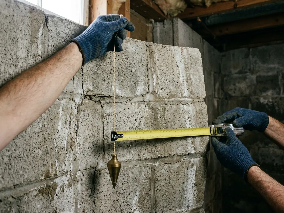 Gloved hands holding a plumb bob string against a bowed concrete block basement wall, a tape measure at mid-height