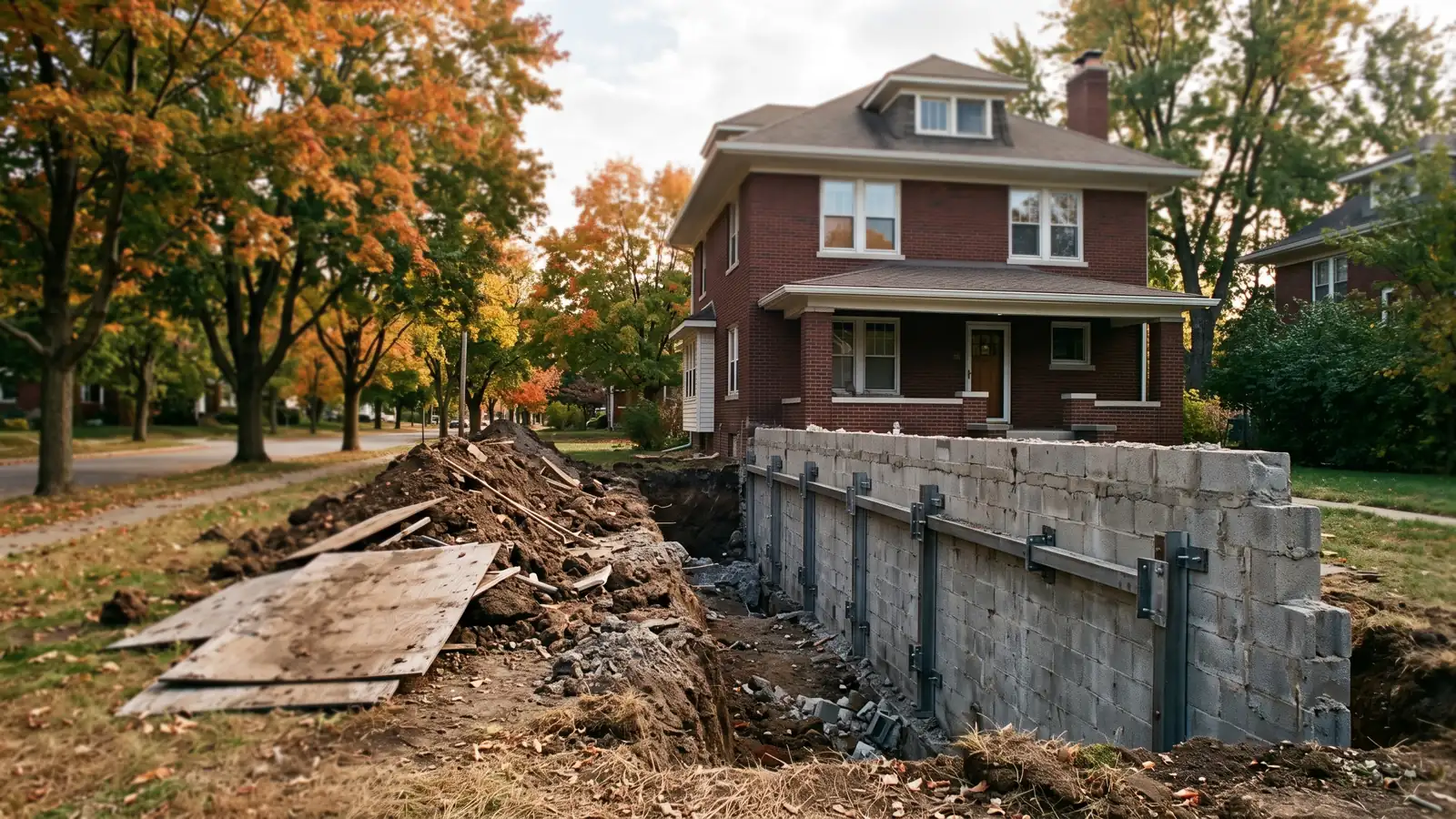 Excavated trench along the concrete block foundation wall of a two-story red brick house, with steel braces on the exposed wall and autumn maples
